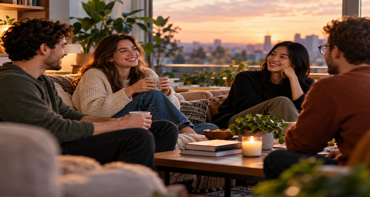 Person enjoying quiet solitude at home while maintaining meaningful connections with a small social circle