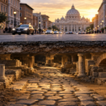 Archaeological remains of an ancient Roman road beneath a modern urban street, showing layered road construction