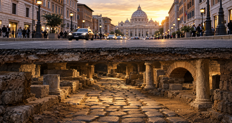 Archaeological remains of an ancient Roman road beneath a modern urban street, showing layered road construction