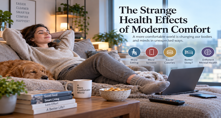 Person relaxing at home surrounded by modern conveniences while symbols of sedentary living, processed food, artificial light and indoor air appear around them