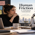 Human professional reviewing AI-generated work on a computer while deliberately pausing to verify and question the output