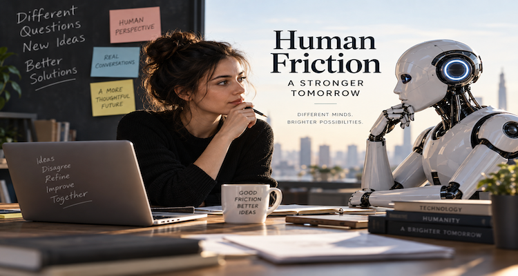 Human professional reviewing AI-generated work on a computer while deliberately pausing to verify and question the output