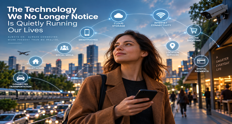Digital infrastructure quietly powering everyday life through cloud computing, GPS, connected devices and AI