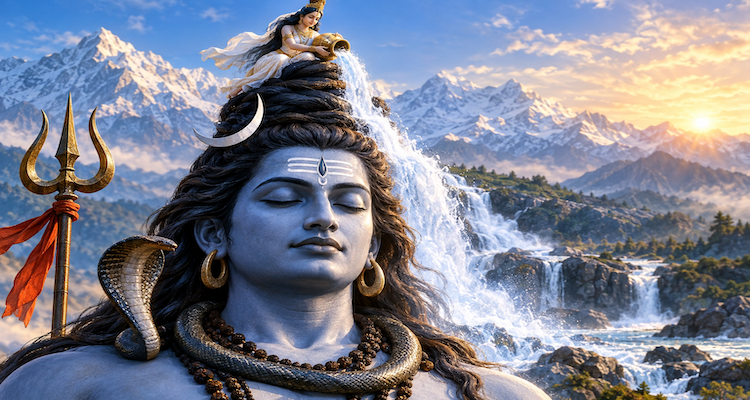 Shiva holding the descending Ganga in his matted hair, depicting the Hindu tradition of Gangavatarana