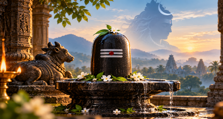 Ancient stone Shiva Lingam in a Hindu temple representing Shiva's divine presence and cosmic symbolism