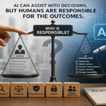 Human hand and artificial intelligence system representing accountability and responsibility in AI decision-making.
