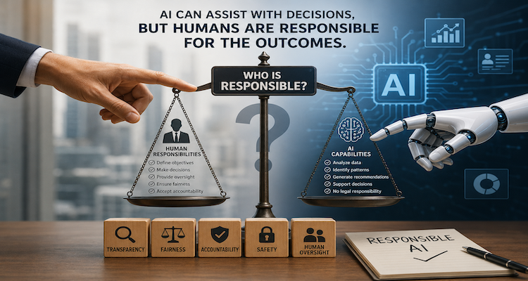 Human hand and artificial intelligence system representing accountability and responsibility in AI decision-making.