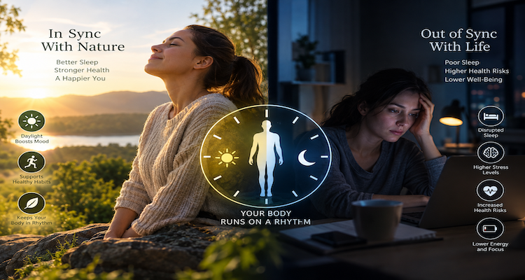 Person exposed to daylight in the morning and artificial light at night illustrating the effects of disrupted circadian rhythms