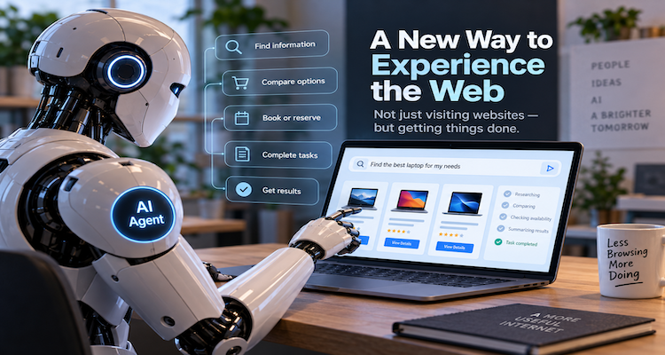 AI agent navigating multiple websites through a browser while a user delegates an online task