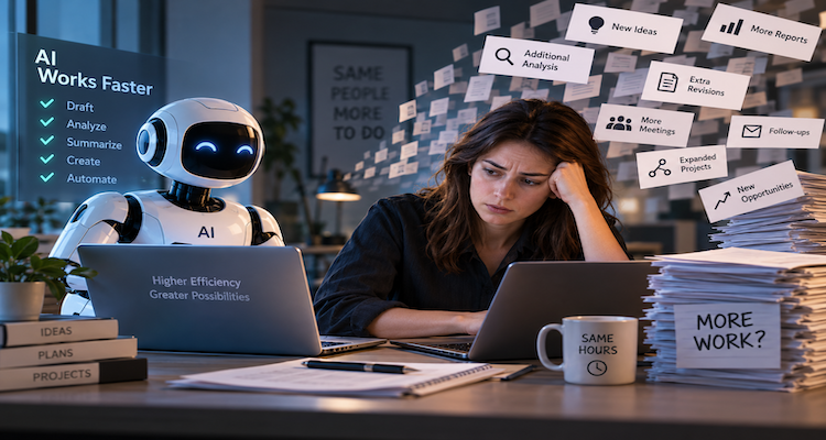 Office workers using generative AI tools while managing increased digital workloads and productivity demands
