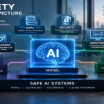 A conceptual illustration showing an artificial intelligence model connected to data systems, security layers, monitoring tools, and governance infrastructure.