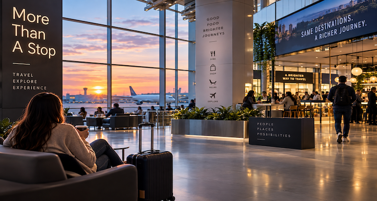 Travelers experiencing a modern airport terminal with dining, lounge spaces and destination-inspired design