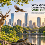 Wild fox moving through an urban green space at dusk, illustrating how animals adapt to city environments