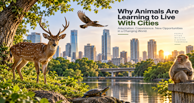 Wild fox moving through an urban green space at dusk, illustrating how animals adapt to city environments