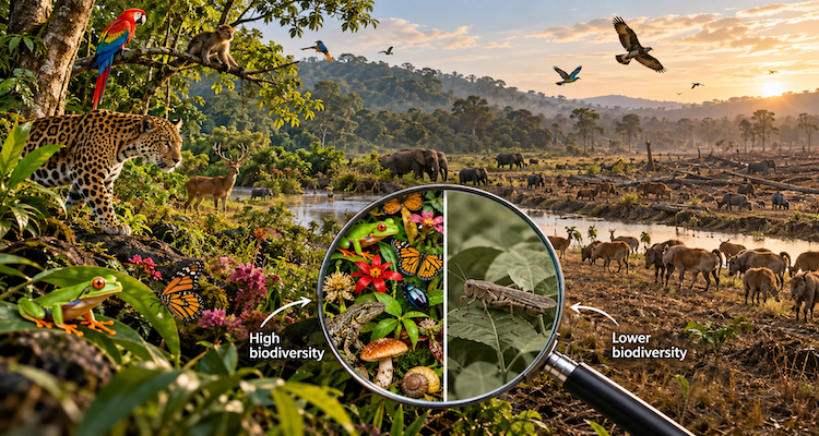Wild animals in a diverse ecosystem illustrating why visible wildlife does not necessarily indicate healthy biodiversity