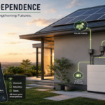 Modern home with rooftop solar panels, battery storage and electric vehicle representing household energy independence