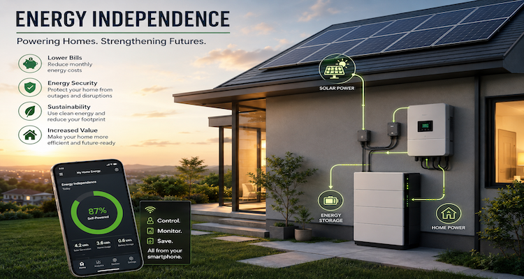 Modern home with rooftop solar panels, battery storage and electric vehicle representing household energy independence