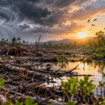Forest and river ecosystem recovering after an extreme weather event, showing damaged vegetation and changing habitat conditions