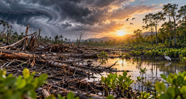 Forest and river ecosystem recovering after an extreme weather event, showing damaged vegetation and changing habitat conditions
