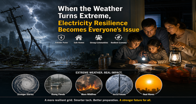 Household using battery storage and rooftop solar during an extreme-weather power outage while the wider electricity grid is under stress