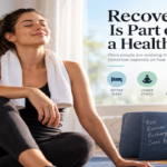 Healthy active adult resting after exercise while checking recovery and sleep data on a wearable device