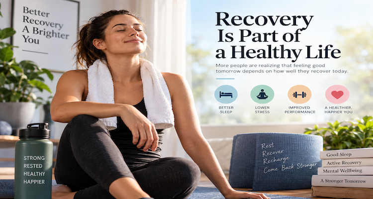 Healthy active adult resting after exercise while checking recovery and sleep data on a wearable device