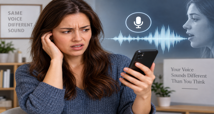 Person listening to a recording of their own voice on a smartphone, illustrating the difference between self-voice perception and recorded sound
