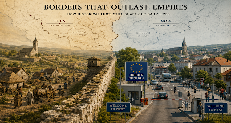 Map showing historic political borders alongside modern roads, towns and communities divided by national boundaries