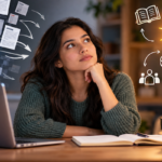 Learner surrounded by digital information while actively recalling and applying knowledge