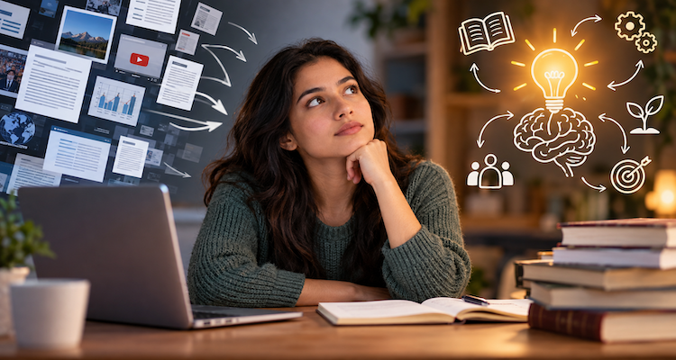 Learner surrounded by digital information while actively recalling and applying knowledge