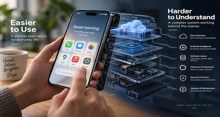Modern smartphone interface showing simple controls while complex digital systems operate in the background