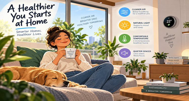 Modern healthy home interior illustrating ventilation, natural light, clean air and health-focused residential design