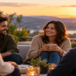 Person spending meaningful time with a small group of close friends in a relaxed social setting