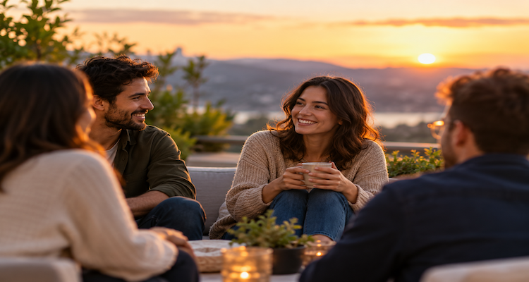 Person spending meaningful time with a small group of close friends in a relaxed social setting