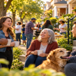Neighbors talking in a walkable urban neighborhood near a café and public green space