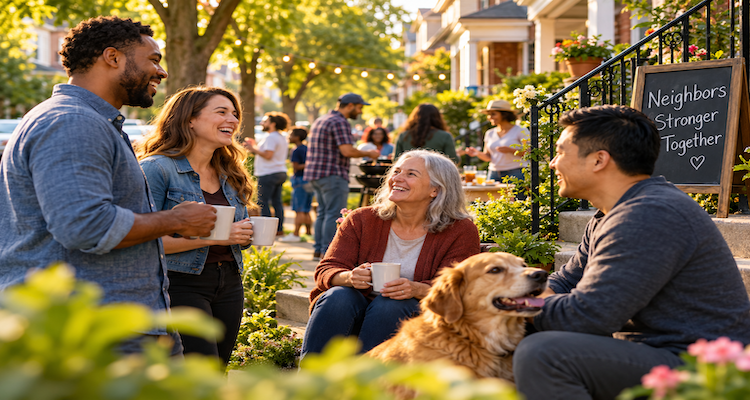 Neighbors talking in a walkable urban neighborhood near a café and public green space