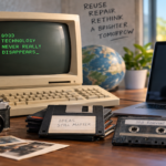 Vintage computers and older electronic devices being restored beside modern technology