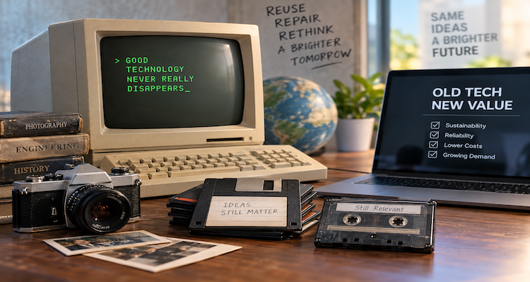 Vintage computers and older electronic devices being restored beside modern technology