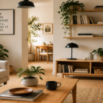 A thoughtfully designed modern home interior with carefully selected furniture, plants, books, and meaningful personal objects.