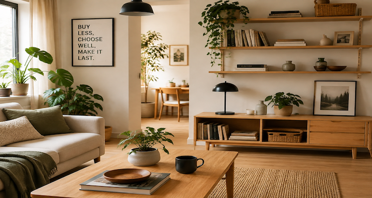 A thoughtfully designed modern home interior with carefully selected furniture, plants, books, and meaningful personal objects.