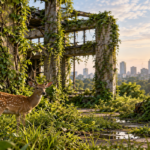 Abandoned human structure covered with trees, vines and wild vegetation as nature gradually reclaims the space
