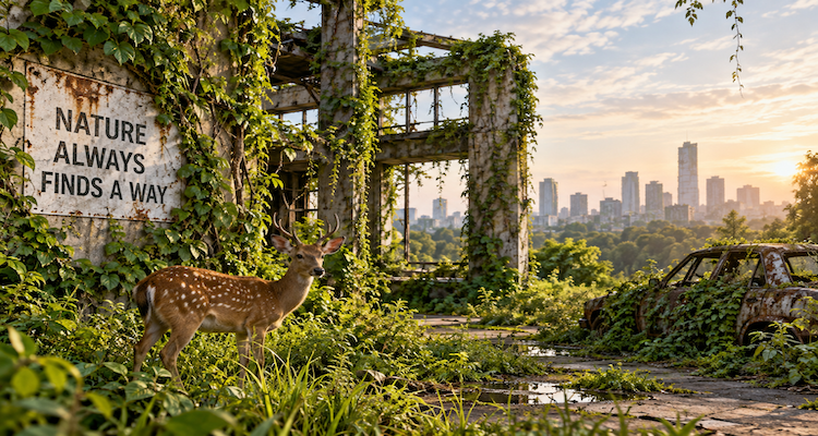 Abandoned human structure covered with trees, vines and wild vegetation as nature gradually reclaims the space