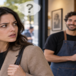 Illustration of a person recognizing a familiar face in an unexpected setting