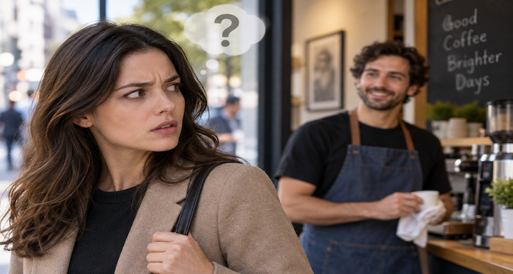 Illustration of a person recognizing a familiar face in an unexpected setting