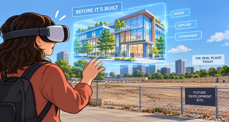 Person exploring a photorealistic virtual architectural space before the building is physically constructed