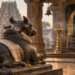 Sacred Nandi bull statue facing a Shiva shrine, representing devotion and Shiva’s divine vehicle