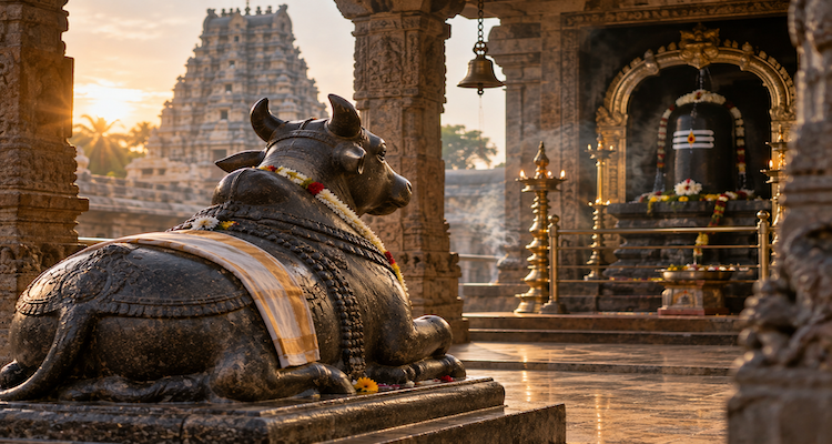 Sacred Nandi bull statue facing a Shiva shrine, representing devotion and Shiva’s divine vehicle
