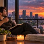Person enjoying a quiet evening at home with a book and warm ambient lighting, away from work devices and notifications