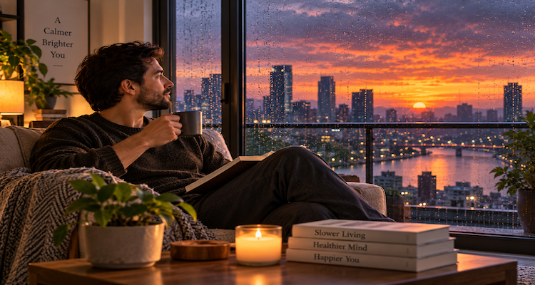 Person enjoying a quiet evening at home with a book and warm ambient lighting, away from work devices and notifications
