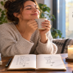 Person enjoying a quiet morning ritual with coffee, a book and a notebook in a calm home setting